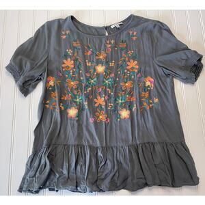 Jodifl Gray Floral Embroidered Blouse Top Flowy Ruffle Waist Size Women's Small